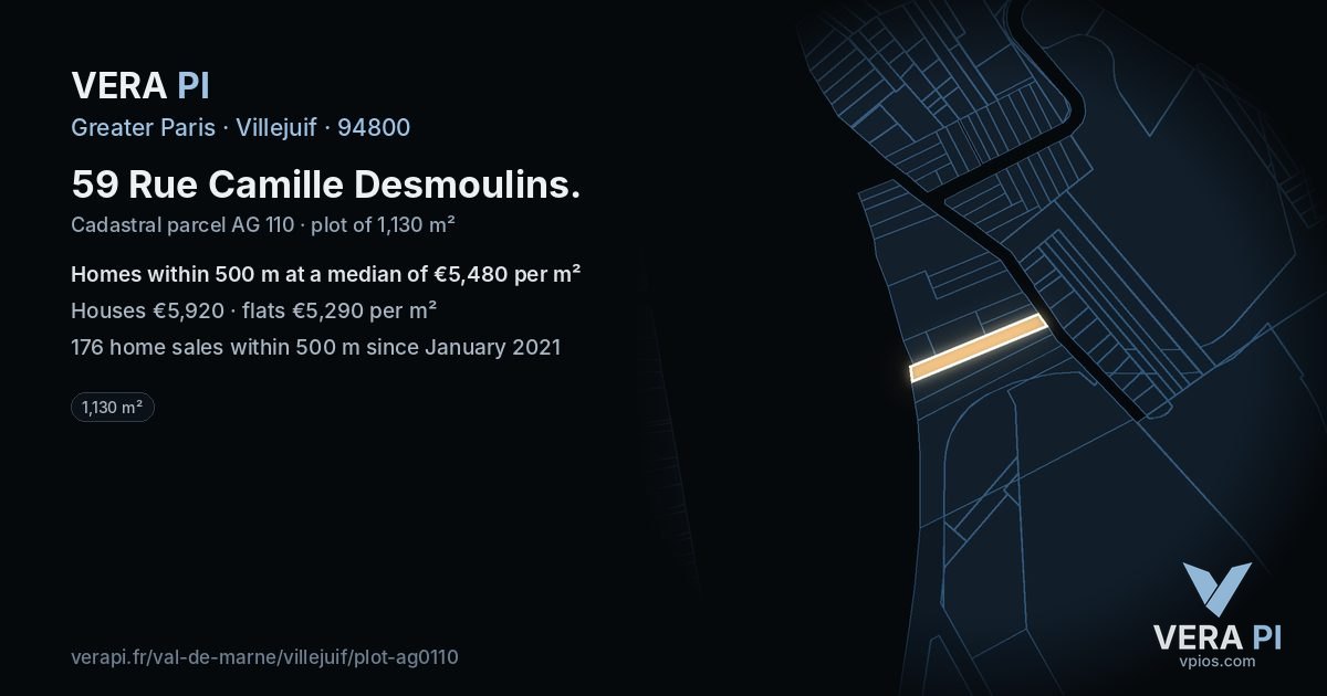 59 Rue Camille Desmoulins, Villejuif at night – the plot lit, the parcels around coloured by the prices near them