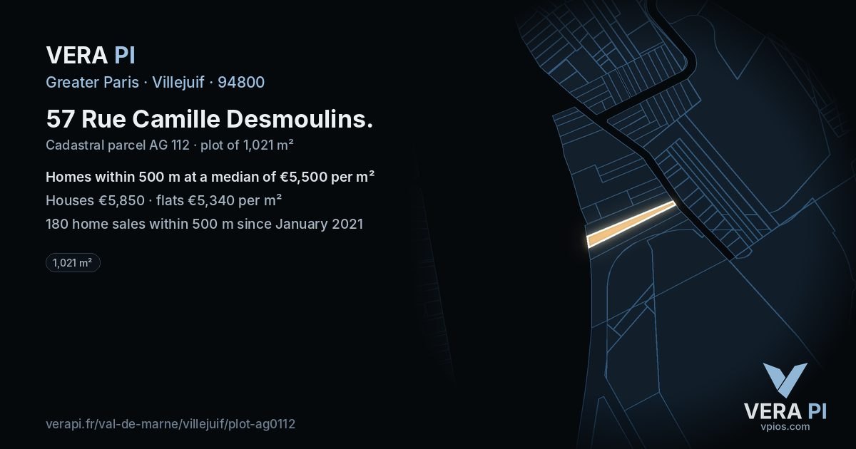 57 Rue Camille Desmoulins, Villejuif at night – the plot lit, the parcels around coloured by the prices near them