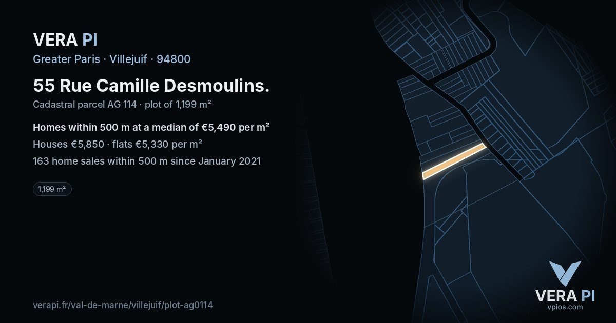55 Rue Camille Desmoulins, Villejuif at night – the plot lit, the parcels around coloured by the prices near them