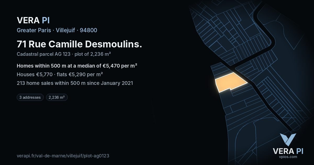 71 Rue Camille Desmoulins, Villejuif at night – the plot lit, the parcels around coloured by the prices near them