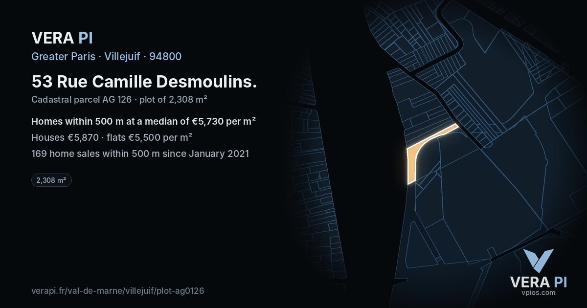 53 Rue Camille Desmoulins, Villejuif at night – the plot lit, the parcels around coloured by the prices near them