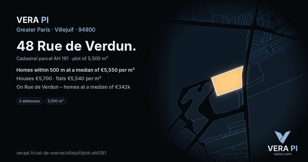 48 Rue de Verdun, Villejuif at night – the plot lit, the parcels around coloured by the prices near them