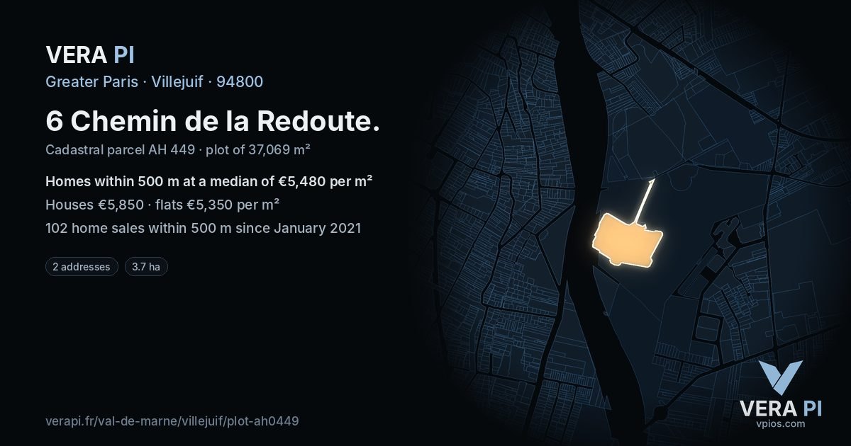 6 Chemin de la Redoute, Villejuif at night – the plot lit, the parcels around coloured by the prices near them