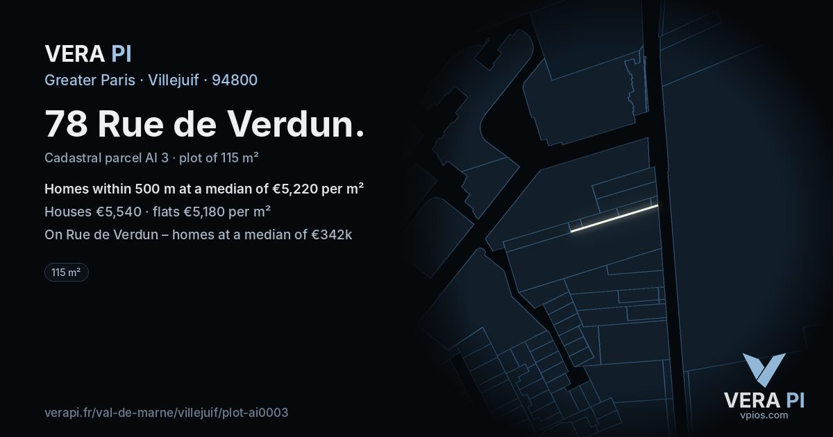 78 Rue de Verdun, Villejuif at night – the plot lit, the parcels around coloured by the prices near them