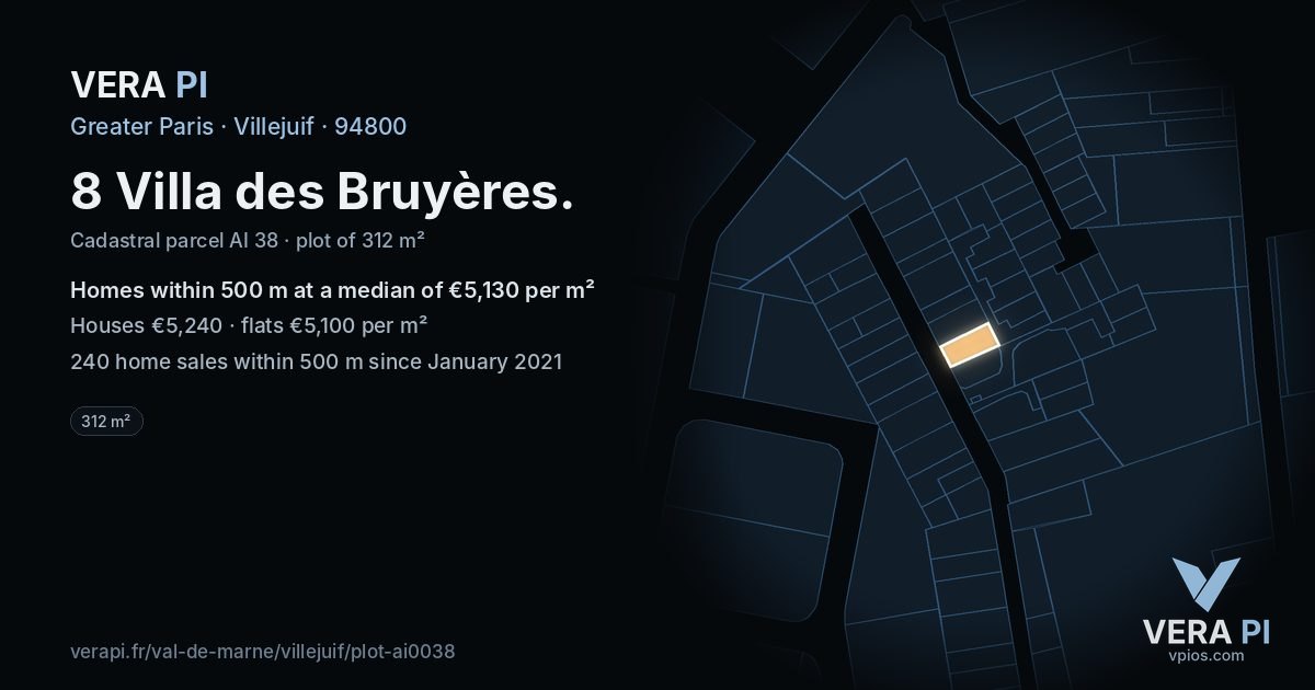 8 Villa des Bruyères, Villejuif at night – the plot lit, the parcels around coloured by the prices near them