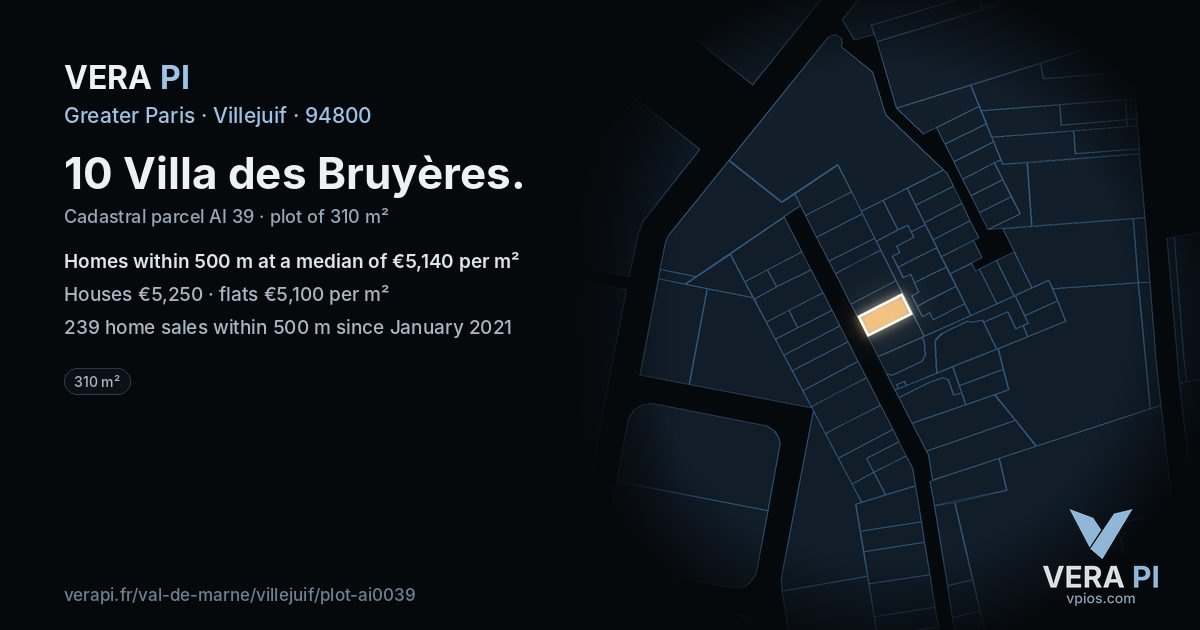 10 Villa des Bruyères, Villejuif at night – the plot lit, the parcels around coloured by the prices near them