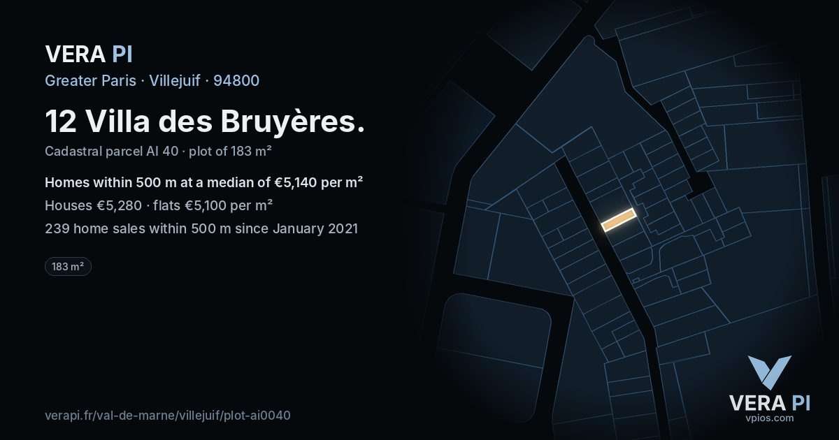 12 Villa des Bruyères, Villejuif at night – the plot lit, the parcels around coloured by the prices near them