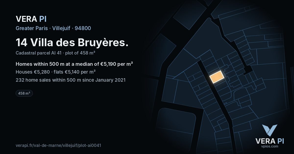 14 Villa des Bruyères, Villejuif at night – the plot lit, the parcels around coloured by the prices near them