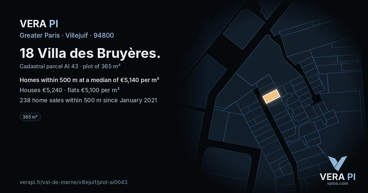18 Villa des Bruyères, Villejuif at night – the plot lit, the parcels around coloured by the prices near them
