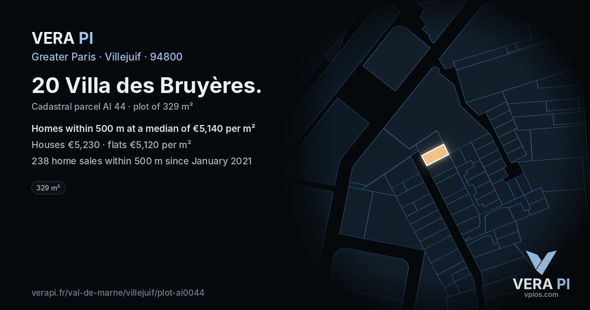 20 Villa des Bruyères, Villejuif at night – the plot lit, the parcels around coloured by the prices near them