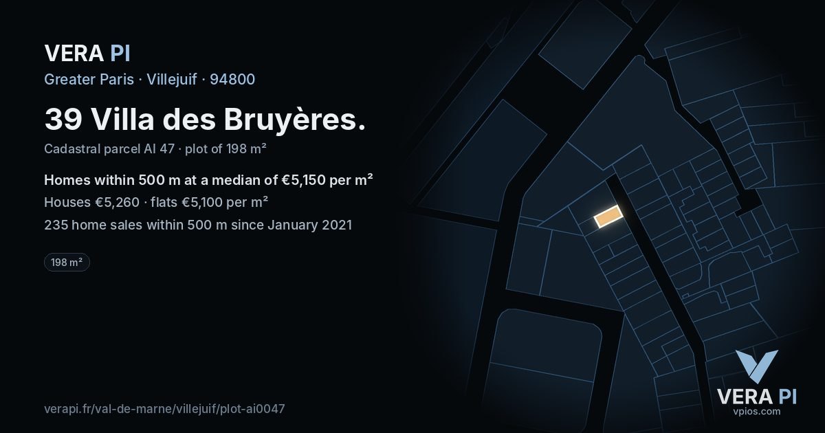 39 Villa des Bruyères, Villejuif at night – the plot lit, the parcels around coloured by the prices near them