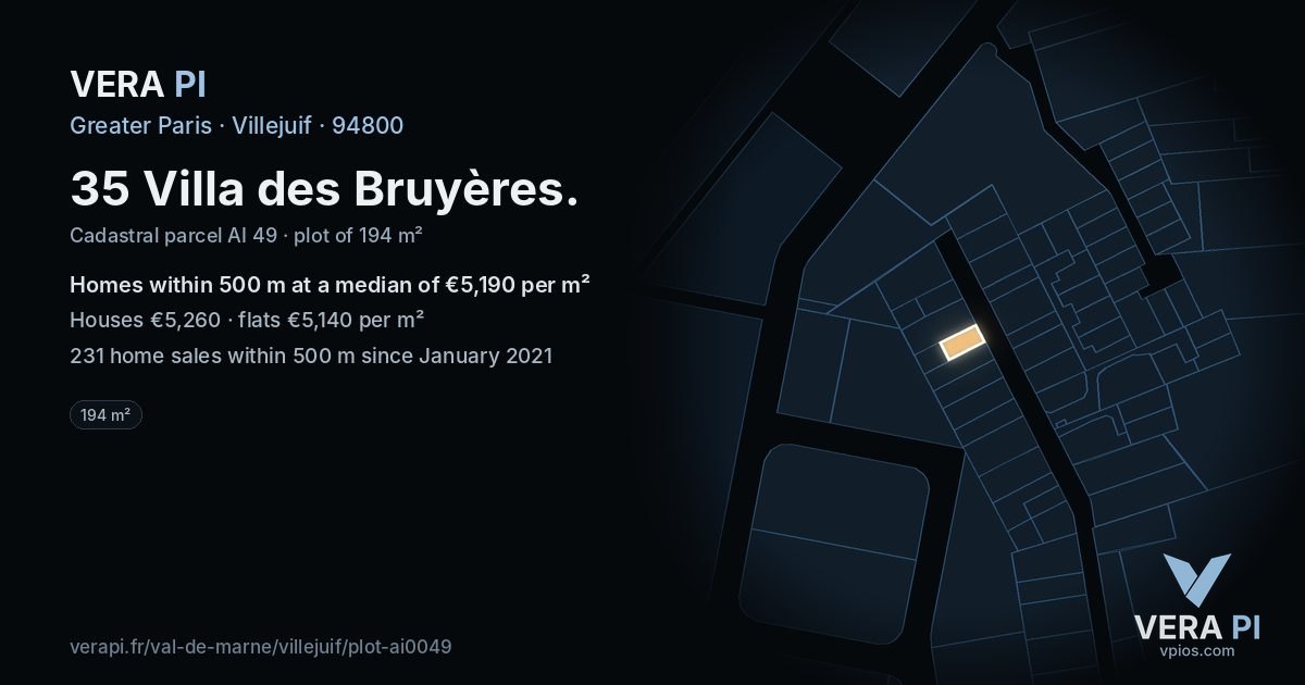 35 Villa des Bruyères, Villejuif at night – the plot lit, the parcels around coloured by the prices near them