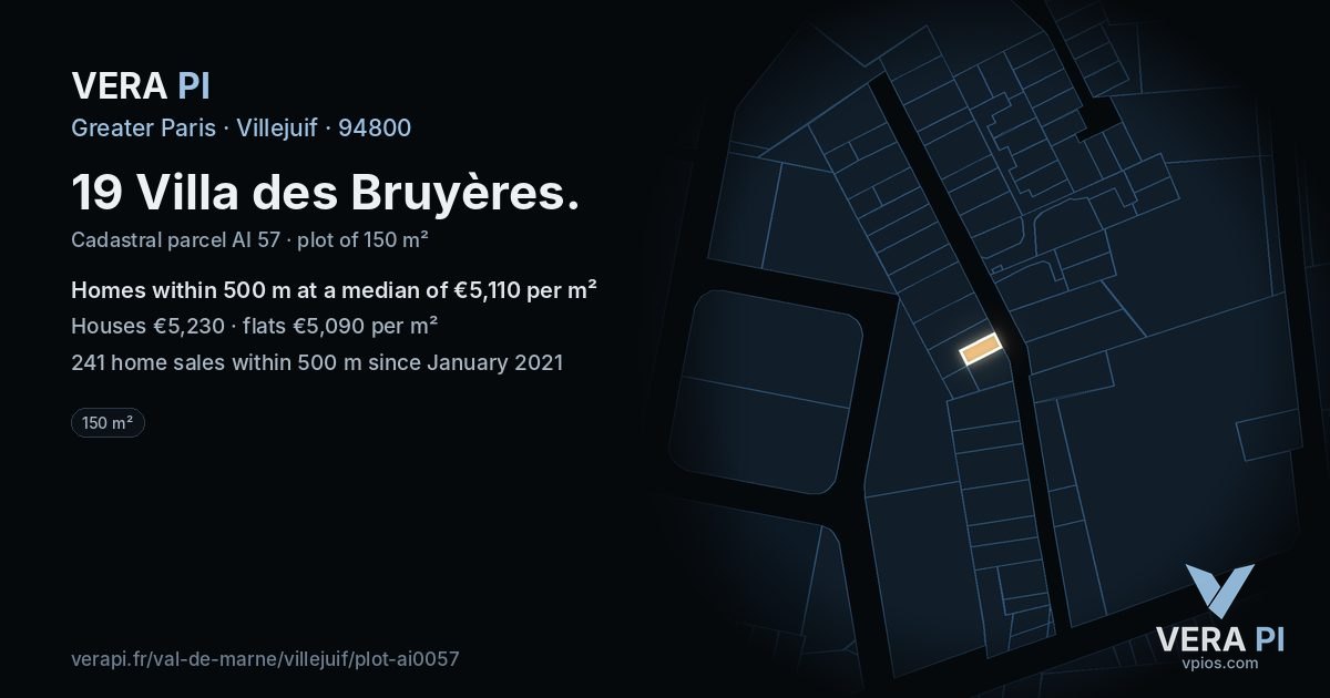 19 Villa des Bruyères, Villejuif at night – the plot lit, the parcels around coloured by the prices near them