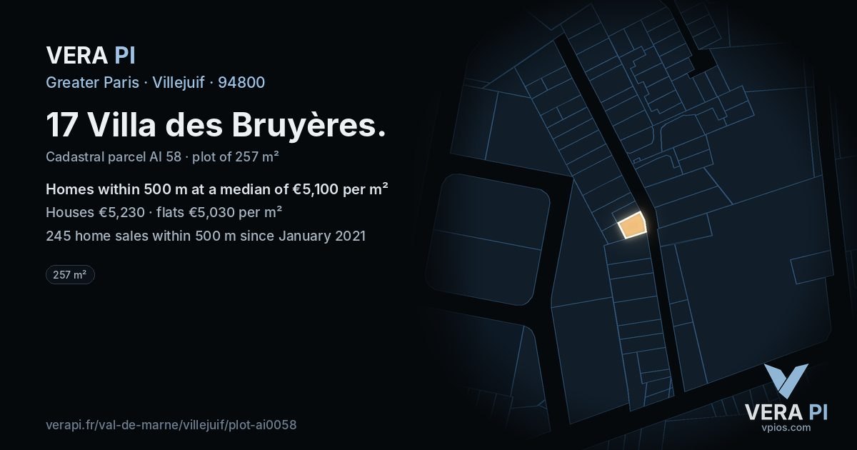 17 Villa des Bruyères, Villejuif at night – the plot lit, the parcels around coloured by the prices near them