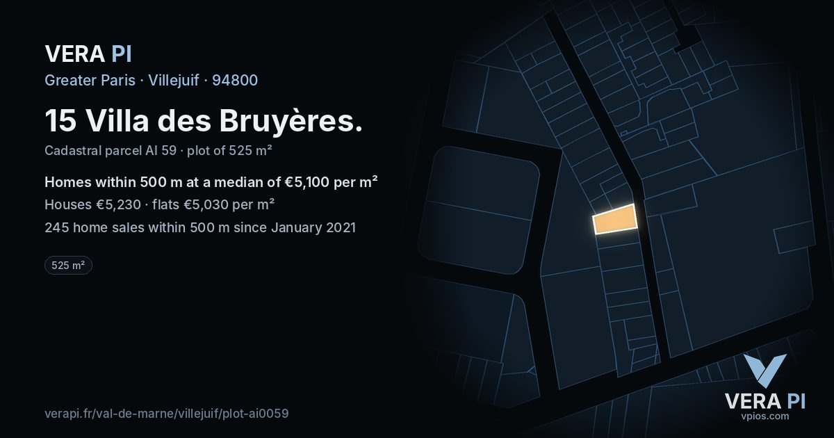 15 Villa des Bruyères, Villejuif at night – the plot lit, the parcels around coloured by the prices near them