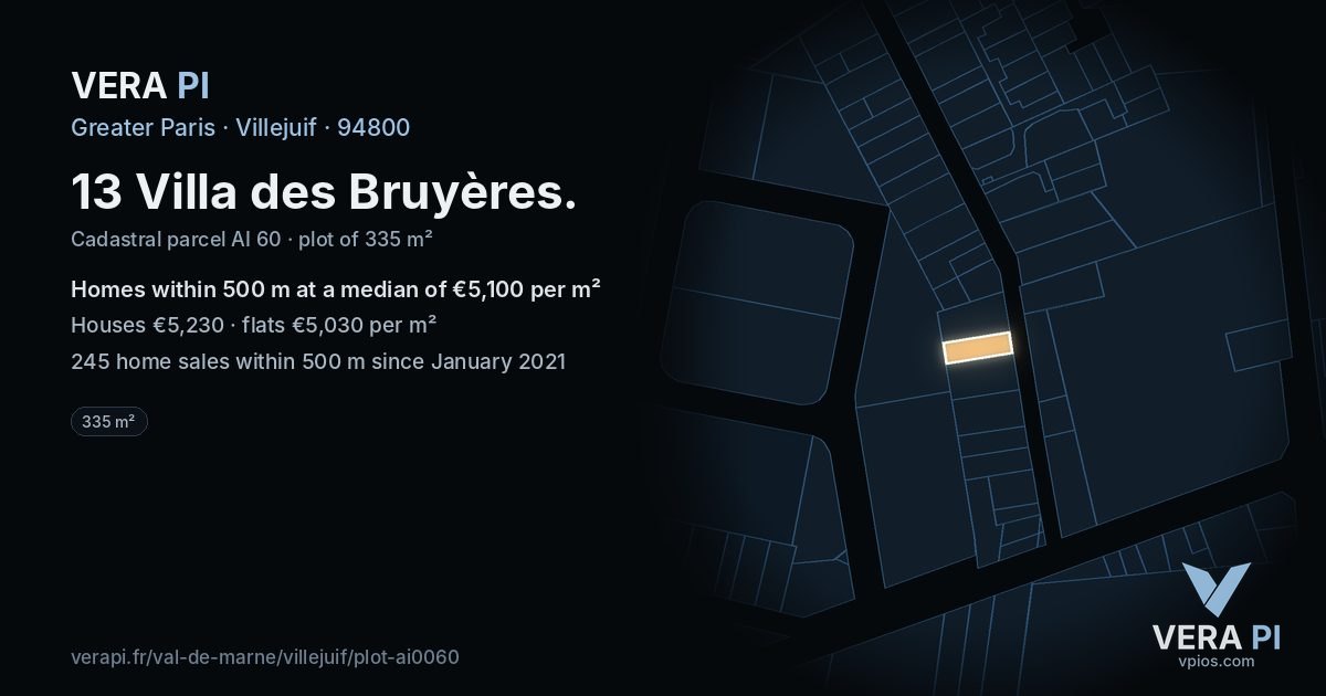 13 Villa des Bruyères, Villejuif at night – the plot lit, the parcels around coloured by the prices near them