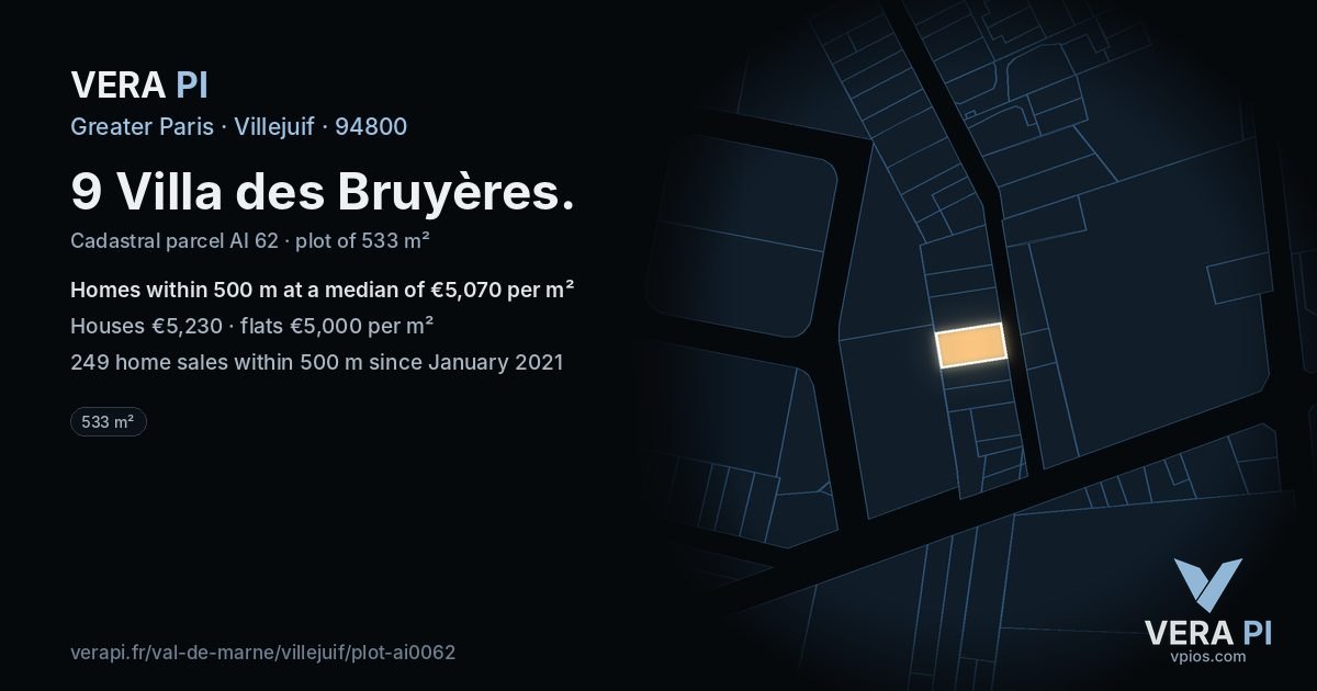 9 Villa des Bruyères, Villejuif at night – the plot lit, the parcels around coloured by the prices near them