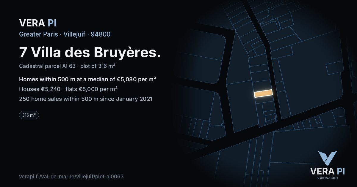 7 Villa des Bruyères, Villejuif at night – the plot lit, the parcels around coloured by the prices near them