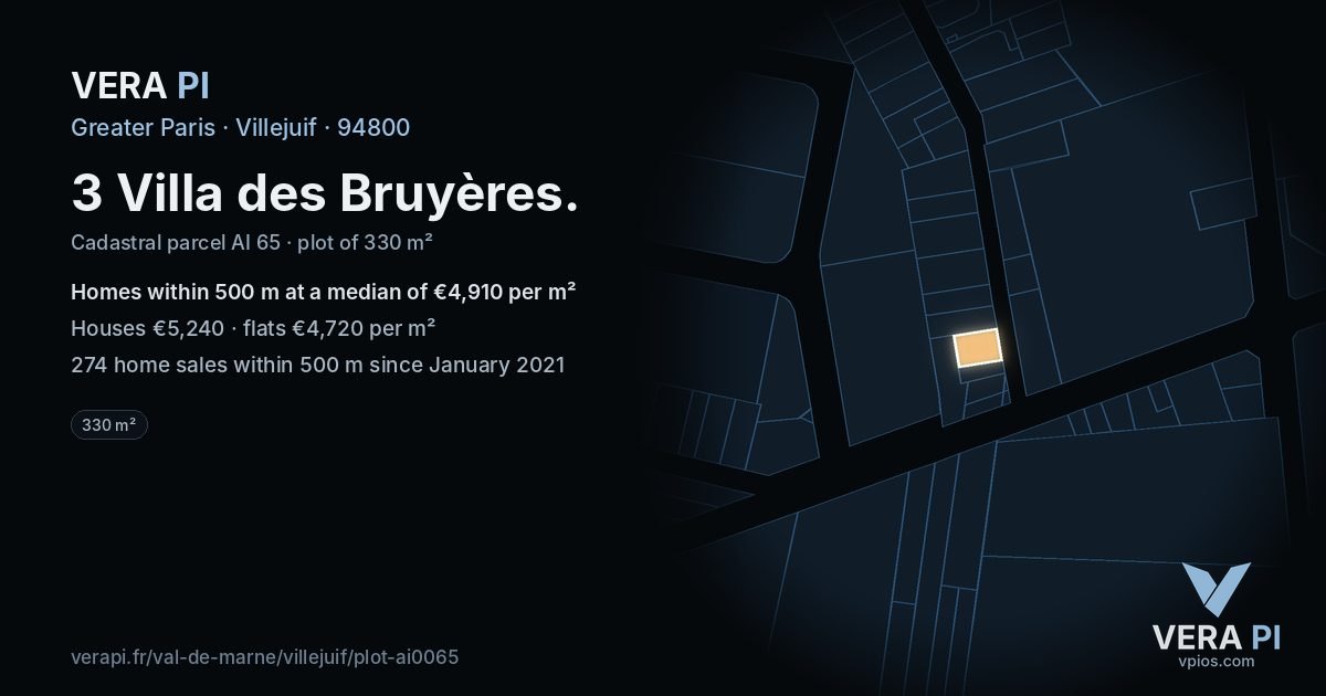 3 Villa des Bruyères, Villejuif at night – the plot lit, the parcels around coloured by the prices near them