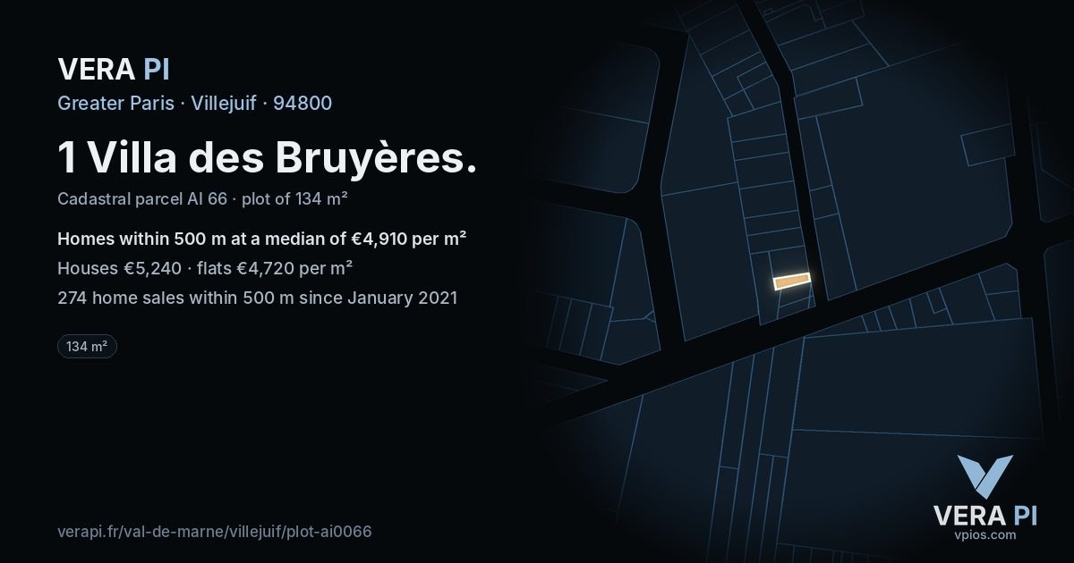 1 Villa des Bruyères, Villejuif at night – the plot lit, the parcels around coloured by the prices near them