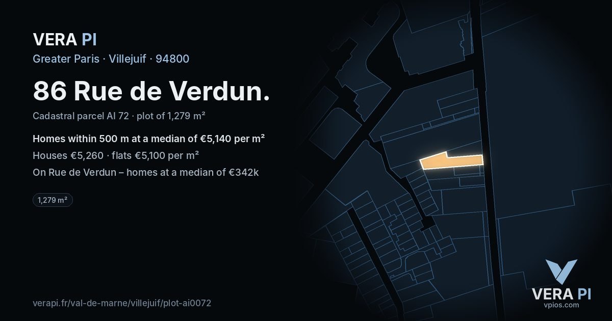 86 Rue de Verdun, Villejuif at night – the plot lit, the parcels around coloured by the prices near them