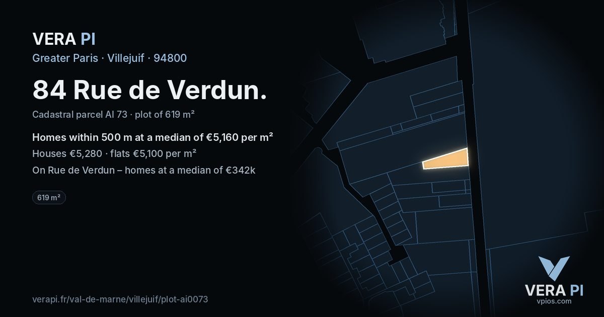 84 Rue de Verdun, Villejuif at night – the plot lit, the parcels around coloured by the prices near them