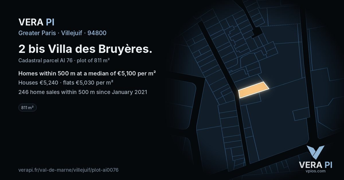 2 bis Villa des Bruyères, Villejuif at night – the plot lit, the parcels around coloured by the prices near them
