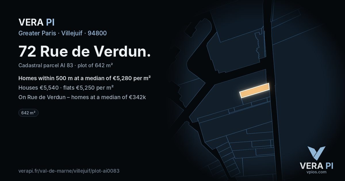72 Rue de Verdun, Villejuif at night – the plot lit, the parcels around coloured by the prices near them