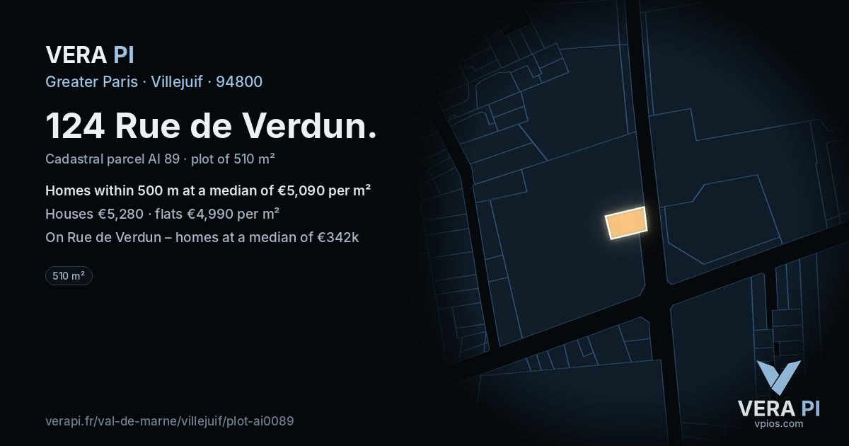 124 Rue de Verdun, Villejuif at night – the plot lit, the parcels around coloured by the prices near them