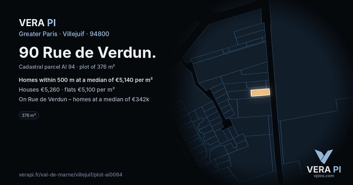 90 Rue de Verdun, Villejuif at night – the plot lit, the parcels around coloured by the prices near them