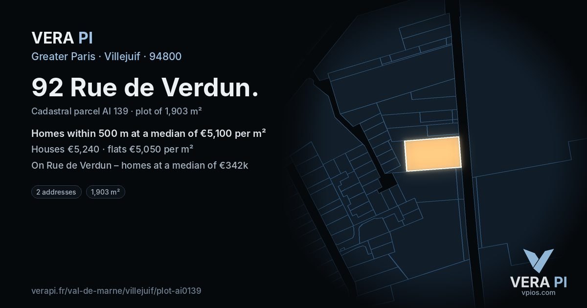 92 Rue de Verdun, Villejuif at night – the plot lit, the parcels around coloured by the prices near them