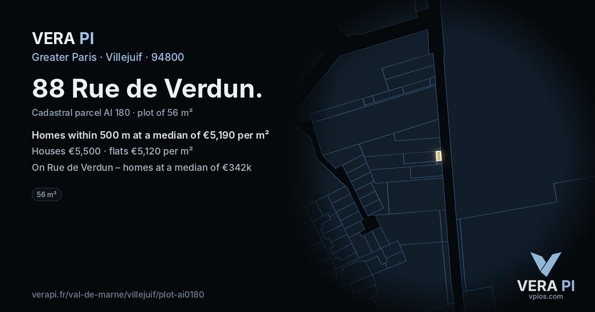 88 Rue de Verdun, Villejuif at night – the plot lit, the parcels around coloured by the prices near them