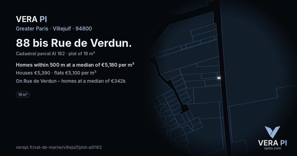 88 bis Rue de Verdun, Villejuif at night – the plot lit, the parcels around coloured by the prices near them