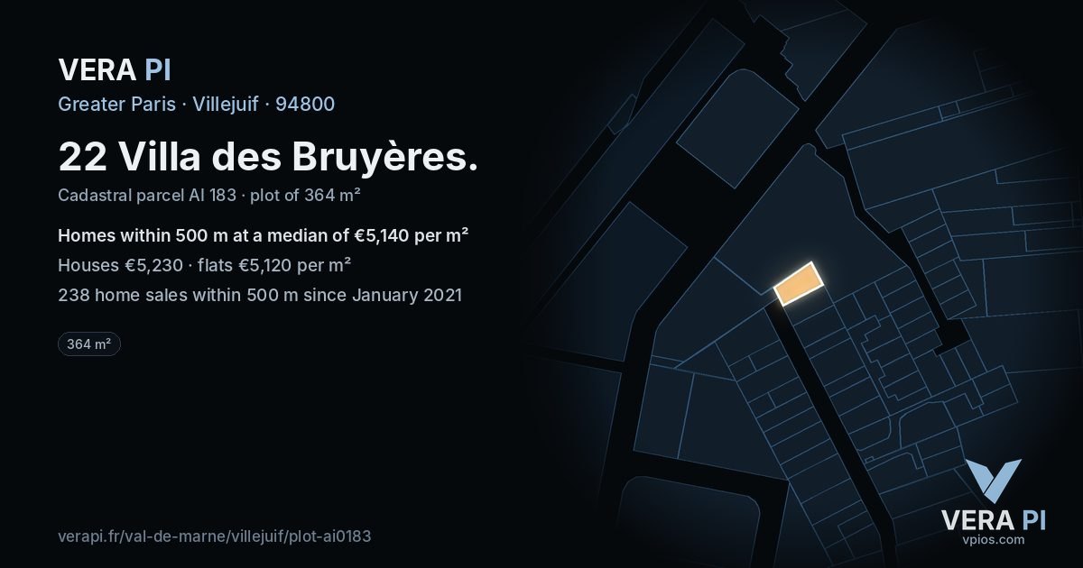 22 Villa des Bruyères, Villejuif at night – the plot lit, the parcels around coloured by the prices near them
