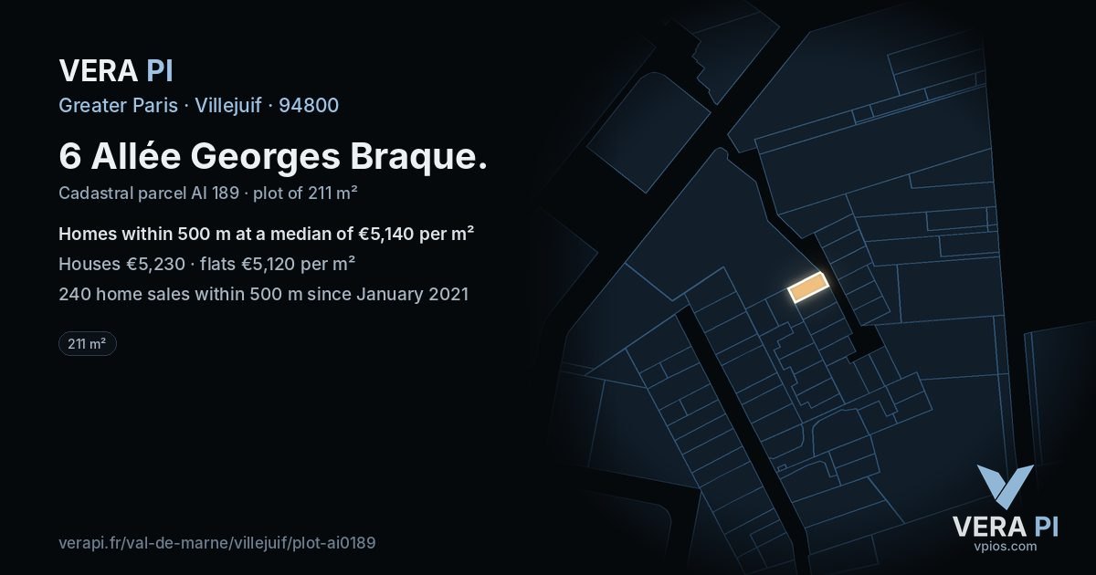 6 Allée Georges Braque, Villejuif at night – the plot lit, the parcels around coloured by the prices near them