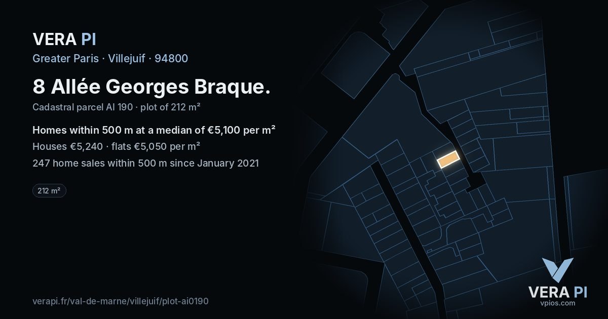 8 Allée Georges Braque, Villejuif at night – the plot lit, the parcels around coloured by the prices near them
