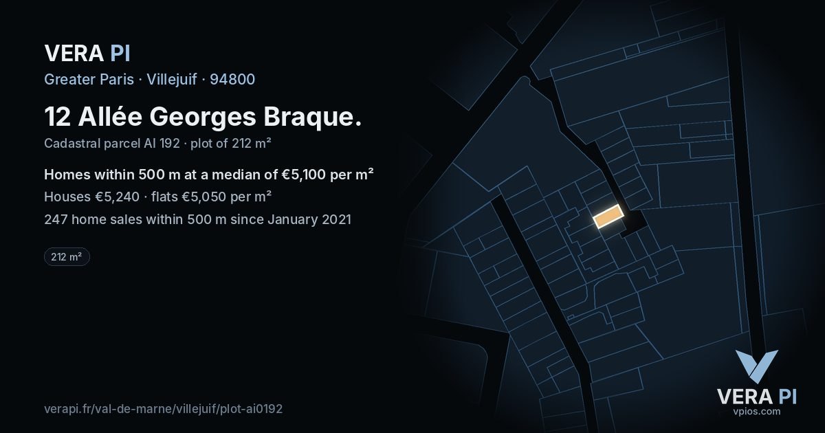12 Allée Georges Braque, Villejuif at night – the plot lit, the parcels around coloured by the prices near them