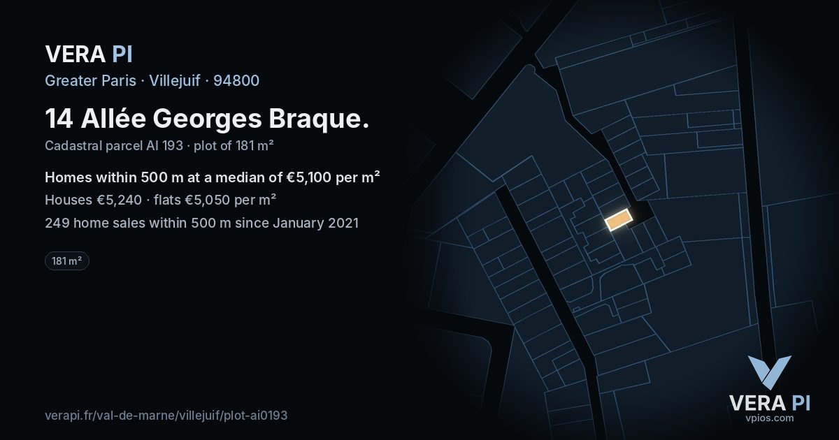 14 Allée Georges Braque, Villejuif at night – the plot lit, the parcels around coloured by the prices near them