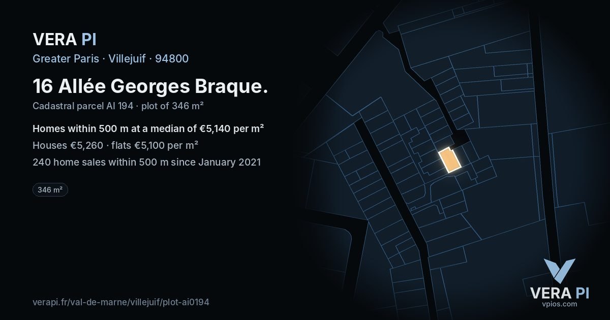 16 Allée Georges Braque, Villejuif at night – the plot lit, the parcels around coloured by the prices near them