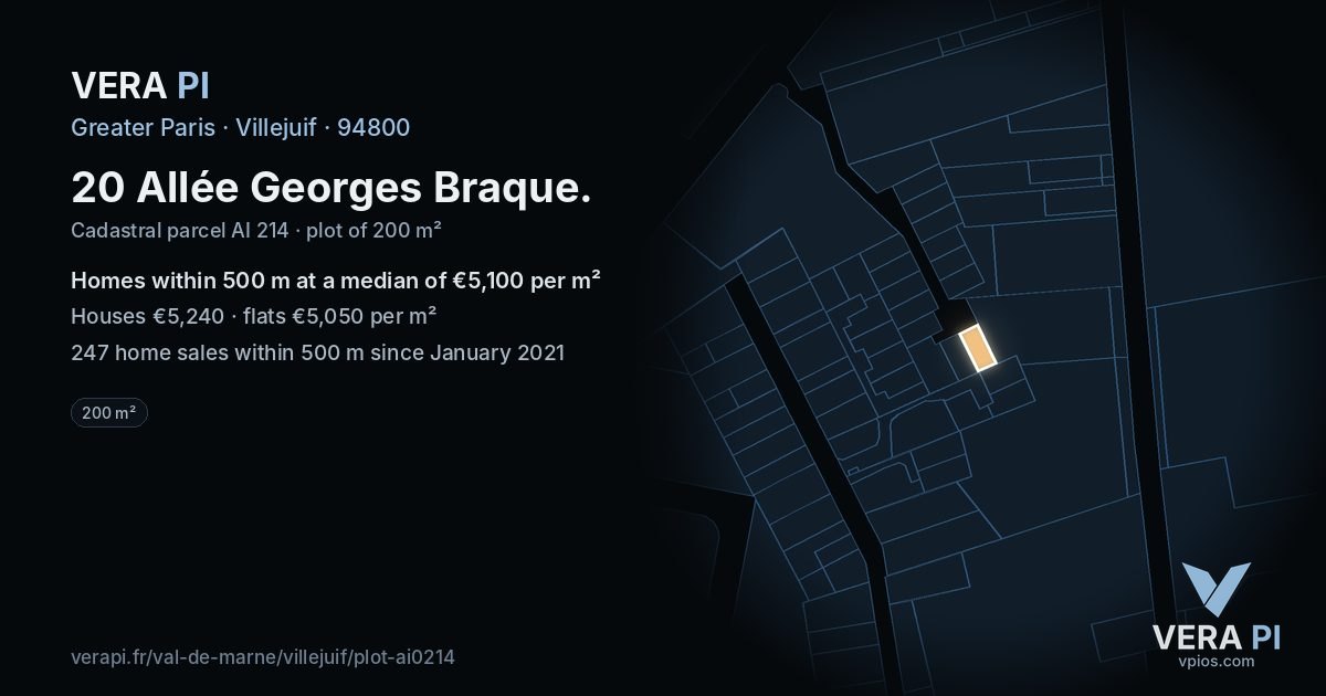 20 Allée Georges Braque, Villejuif at night – the plot lit, the parcels around coloured by the prices near them
