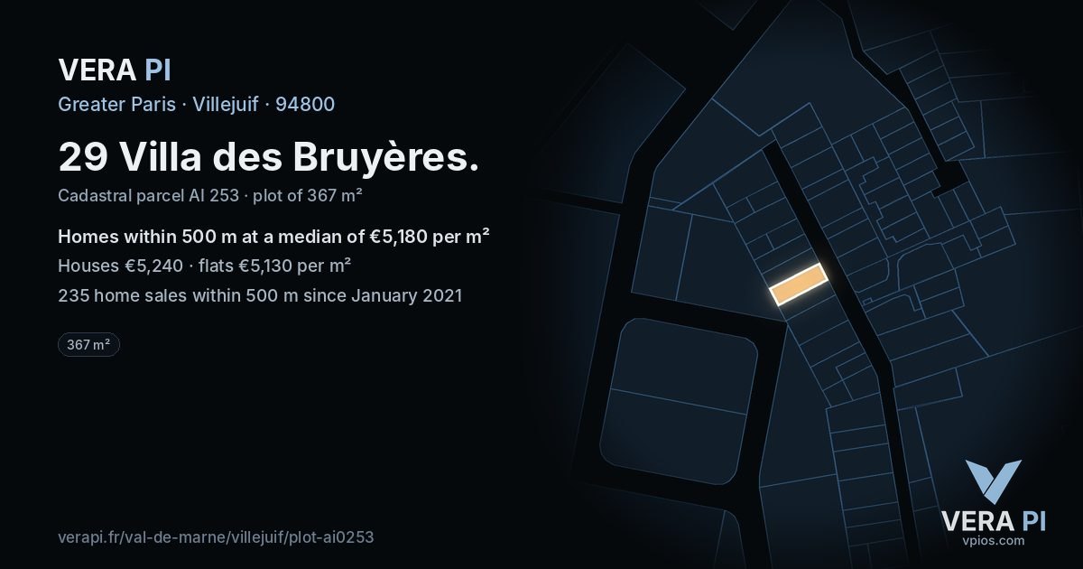 29 Villa des Bruyères, Villejuif at night – the plot lit, the parcels around coloured by the prices near them
