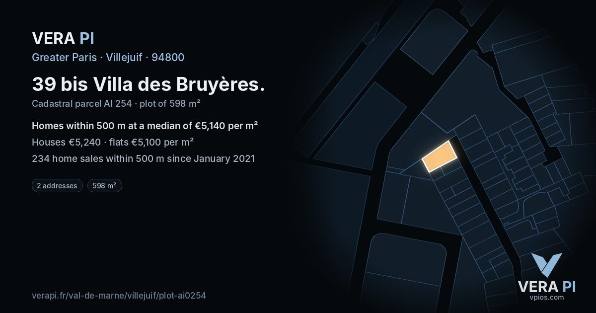 39 bis Villa des Bruyères, Villejuif at night – the plot lit, the parcels around coloured by the prices near them