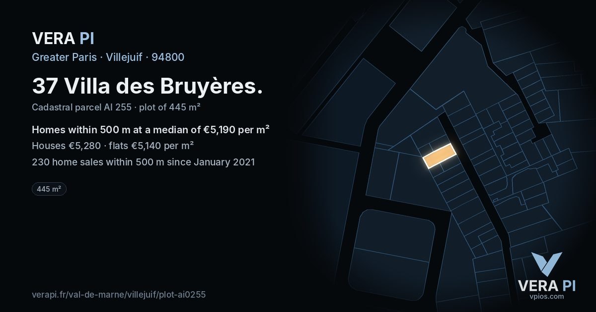37 Villa des Bruyères, Villejuif at night – the plot lit, the parcels around coloured by the prices near them