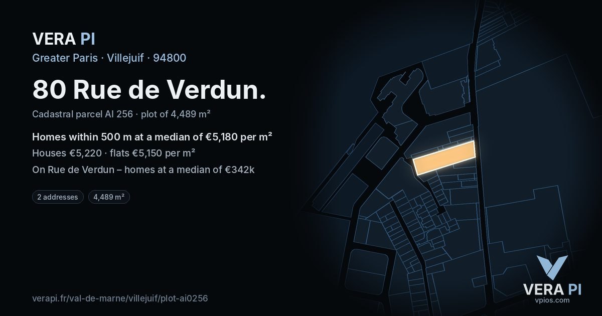 80 Rue de Verdun, Villejuif at night – the plot lit, the parcels around coloured by the prices near them