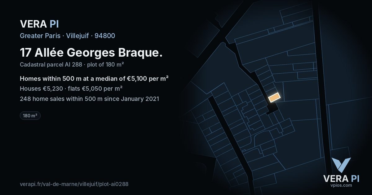 17 Allée Georges Braque, Villejuif at night – the plot lit, the parcels around coloured by the prices near them