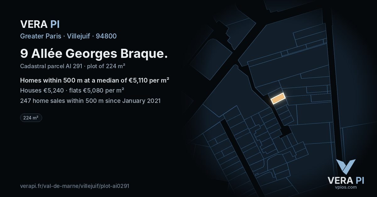 9 Allée Georges Braque, Villejuif at night – the plot lit, the parcels around coloured by the prices near them