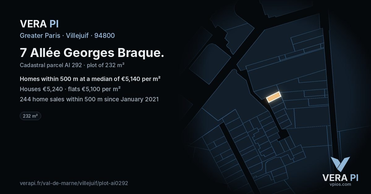 7 Allée Georges Braque, Villejuif at night – the plot lit, the parcels around coloured by the prices near them