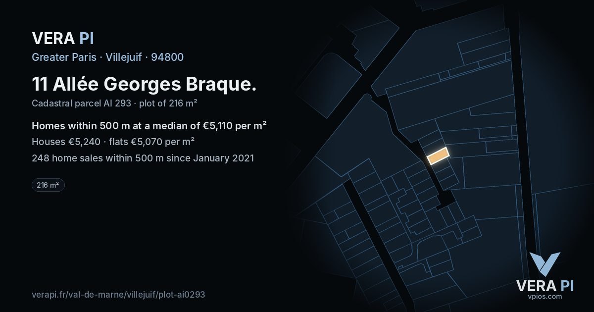 11 Allée Georges Braque, Villejuif at night – the plot lit, the parcels around coloured by the prices near them