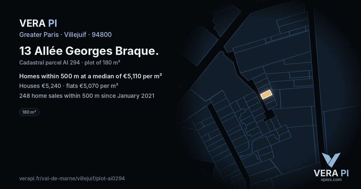 13 Allée Georges Braque, Villejuif at night – the plot lit, the parcels around coloured by the prices near them