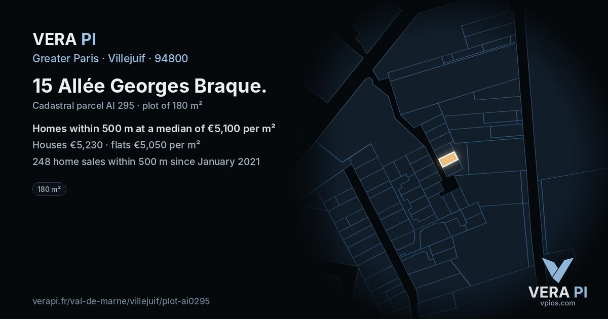 15 Allée Georges Braque, Villejuif at night – the plot lit, the parcels around coloured by the prices near them